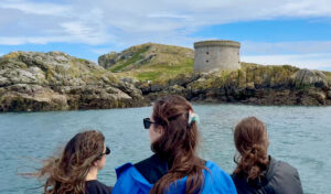 Three people view Martello tower on Ireland's eye from the tour boat.