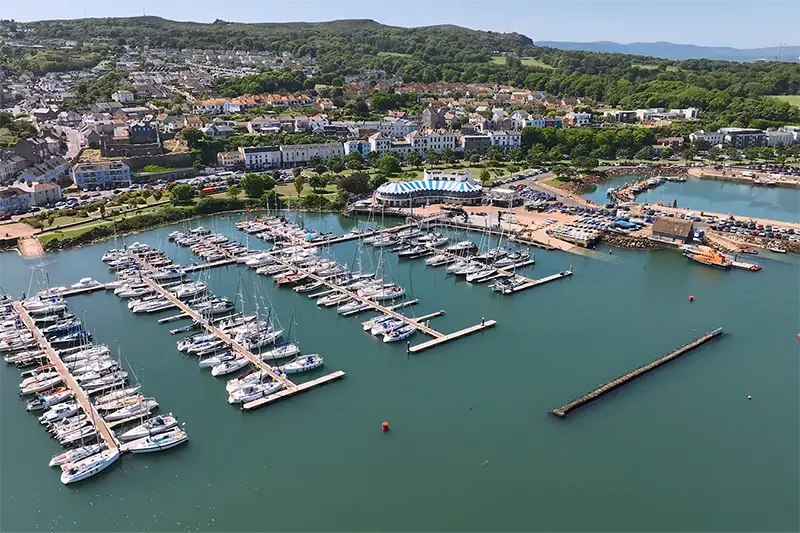 Aerial view of Howth Harbour, Dublin with docked boats.