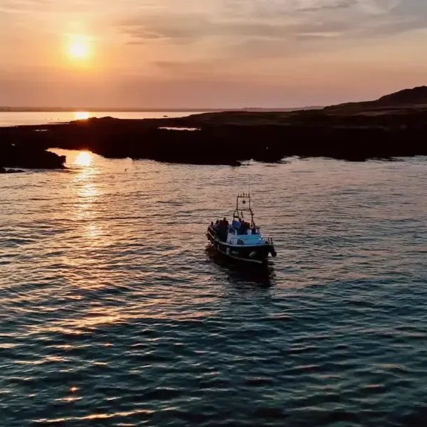 Ireland's Eye Ferry cruising on Dublin Bay, with island and sunset behind.