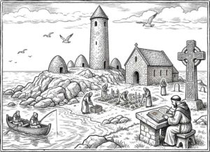 Drawing of Early Christian Ireland's eye, with church and monks writing, gardening and fishing.