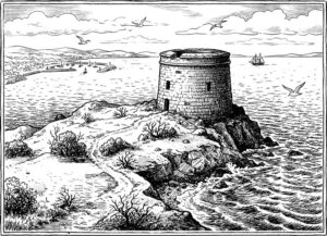 Drawing of Martello tower with Howth harbour in the distance.