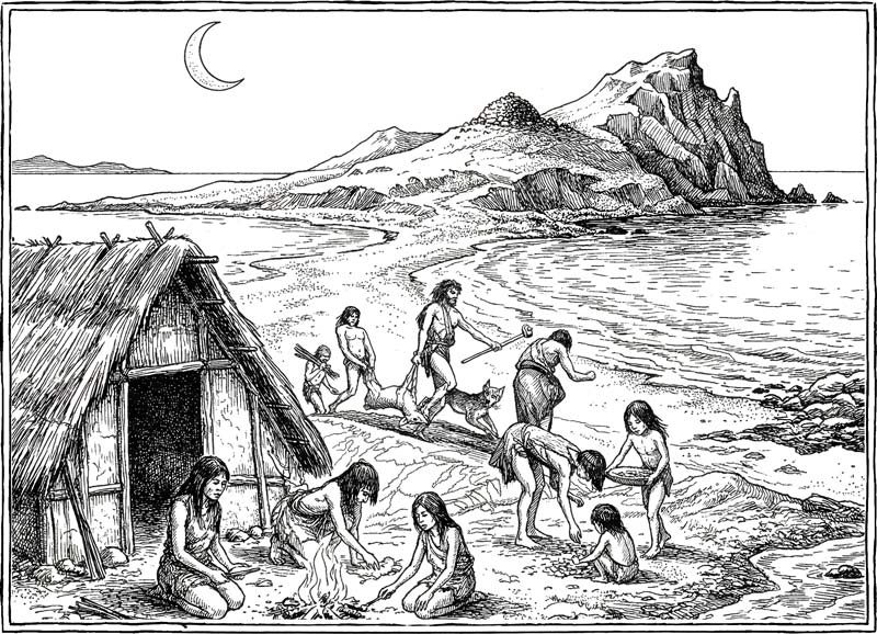 Drawing of prehistoric hunter gatherer people and their house on Ireland's Eye