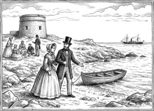 Drawing of a Victorian couple walking near Martello tower, Ireland's Eye.