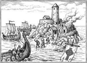 Drawing of Vikings raiding Ireland's Eye, with buildings on fire and longboats in the sea.