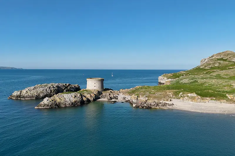 Aerial view of Martello Tower on Ireland's Eye Island, Howth.