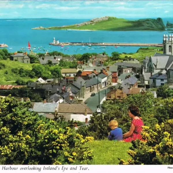 Woman and child sit among the heather in the foreground.