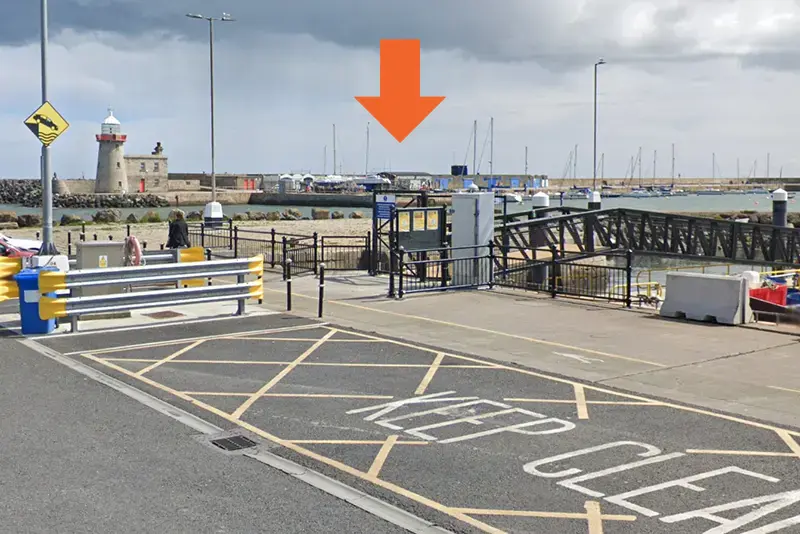 Location (with Arrow) of the West Pier in Howth Harbour.
